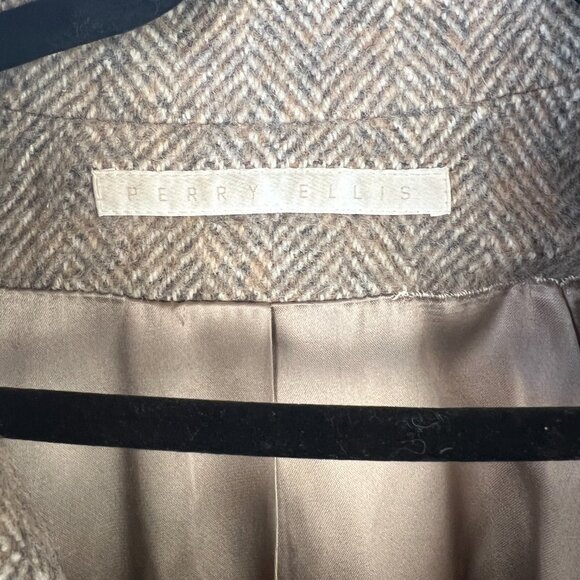 Vintage Perry Ellis Wool Tan Gray Tweed Double Breasted Coat Pockets Minimalist - Picture 2 of 11